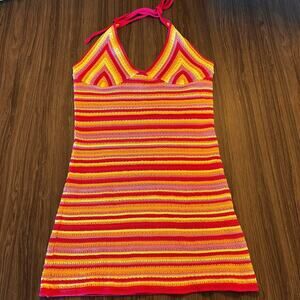 Cotton On Twiggy L Crochet Knit Halter Sundress 100% Cotton Multicolor Striped